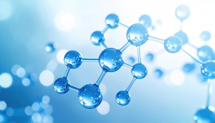 3D molecular structure with glossy blue spheres connected by bonds on soft scientific background. Perfect for chemistry, biotech, innovation, research, science, medicine, technology.