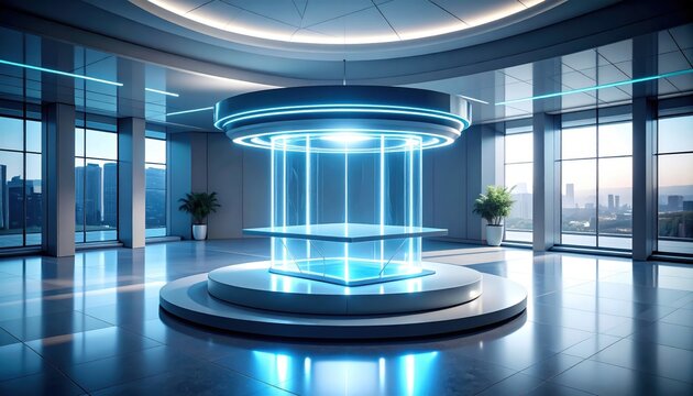 Sci-fi holographic platform glowing in spacious glass office with city view. Teleport concept, virtual presentation stage, metaverse, futuristic technology, innovation, high tech workplace, showroom, - Powered by Adobe