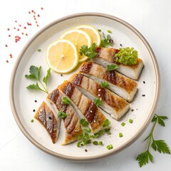 Grilled fish slices with lemon and herbs on a white plate.