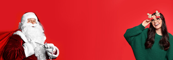 Christmas banner design with Santa Claus and happy women on red background. Space for text