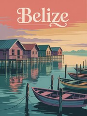 Fototapeta premium Vibrant wooden houses on stilts reflect in calm waters under a colorful sunset sky. Small boats are anchored nearby, creating a serene coastal scene in Belize.