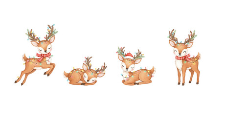 Whimsical cartoon reindeer with festive lights and accessories in watercolor style. Perfect for holiday designs, packaging, kids’ decor, and cheerful winter-themed creative projects.