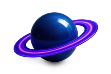 Blue futuristic planet with glowing purple ring orbiting, symbolizing technology, space, metaverse, and digital innovation