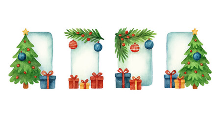 Watercolor Christmas frames with trees, ornaments, and gifts. Perfect for holiday cards, packaging, and festive designs. Cheerful, elegant, and ideal for seasonal creative projects.