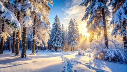 Snow-covered forest with sunlight streaming through the trees