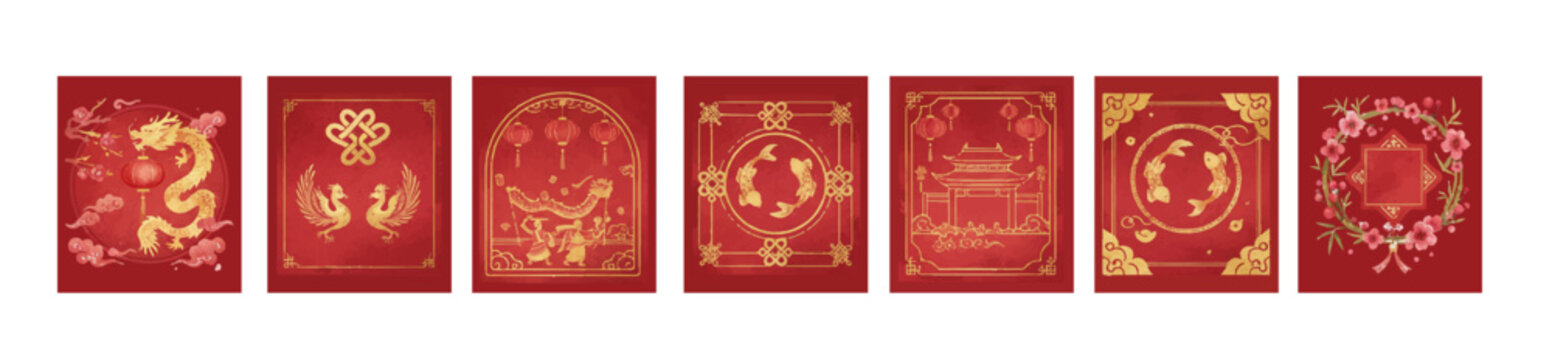 Elegant red envelopes with gold Chinese motifs&mdash;dragons, phoenixes, lanterns, and plum blossoms. Perfect for Lunar New Year designs, festive packaging, and cultural celebration projects.