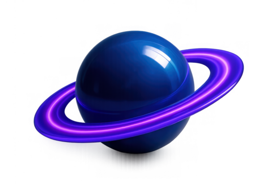 Blue futuristic planet with glowing purple ring orbiting, symbolizing technology, space, metaverse, and digital innovation