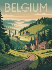 Naklejka premium A picturesque scene of Belgium shows lush green hills under a fading sunset. A winding path leads to a charming village with a church steeple in the distance.