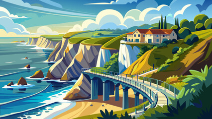 Very beautiful coastal scene showcasing Newport&rsquo;s Cliff Walk, featuring rugged seaside cliffs, walking paths along the shoreline, crashing waves, and a serene New England oceanfront atmosphere.