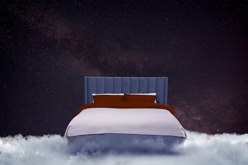 Fototapeta premium Large bed on fluffy clouds in starry night sky