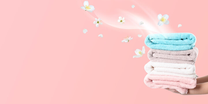 Woman holding fresh, pleasantly scented towels on pink background, closeup. Flows of aroma and flowers from laundry. Using of fabric softener or detergent