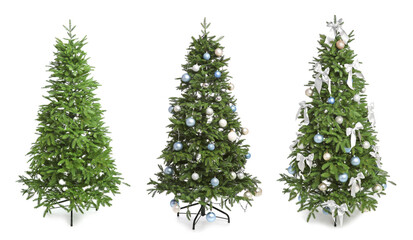 Christmas tree decorating with festive ornaments and bows. Step by step collage on white background