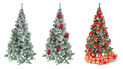Christmas tree with festive ornaments and gift boxes on white background. Decorating process, collage
