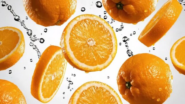 Freshly washed citrus oranges dropping with water beads and splashing liquid in slow motion capture suitable for vegetarian diet and natural food market promotion