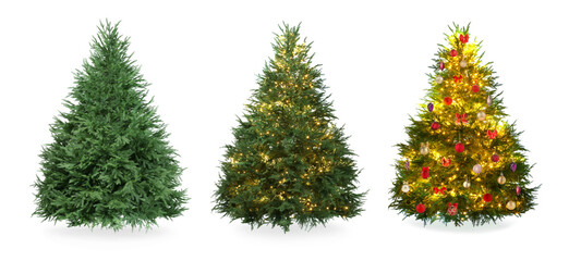 Christmas tree decorating with string lights and festive ornaments. Steps on white background, collage