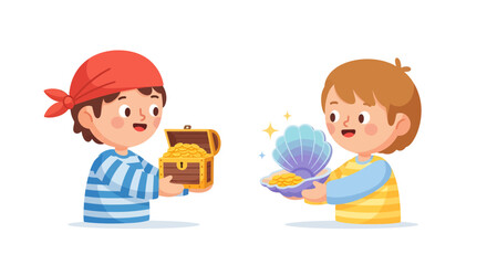 Children Engaged in a Treasure and Shell Discovery Adventure with Excitement