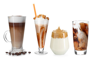 Collection of different coffee drinks isolated on white