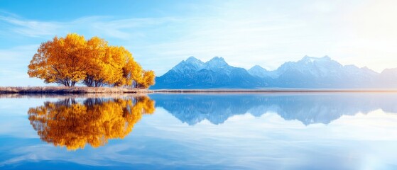 Scenic landscape with autumn trees reflected in a calm lake, with mountains in the background under a sunny blue sky.
