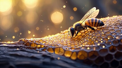 A close-up shot of a bee on a honeycomb, with a blurred golden bokeh background. The bee is in focus, with details of its wings and body visible.