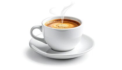 Steaming coffee in white cup on saucer. Delicious warm beverage ready to enjoy