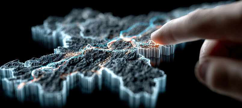 Finger touching digital world map network data. Generated with ia