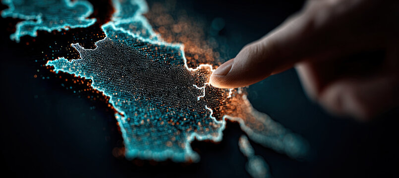 Hand touching digital map of france connecting data. Generated with ia