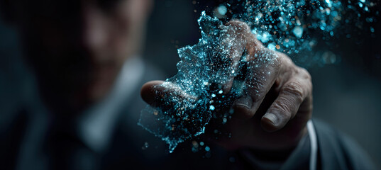 Hand creating glowing digital data particles. Generated with ia