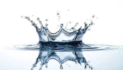 Water crown splash, clean ripples, transparent liquid against white background
