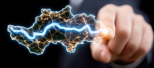 Person finger touching digital map sending electricity power. Generated with ia