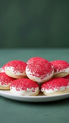 Homemade round sugar cookies generously coated with white frosting and vibrant red sprinkles, perfect festive holiday treats