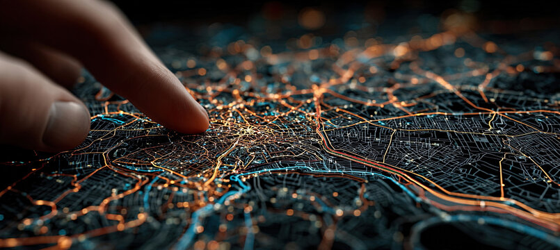 Finger touching smart city digital map network connection. Generated with ia