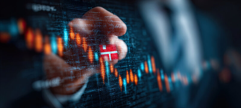 Business hand holding denmark flag on declining stock market chart. Generated with ia