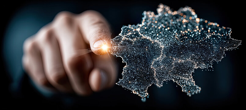 Hand touching glowing digital world map network connection. Generated with ia