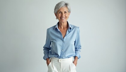 Mature woman with short grey hair smiles confidently. She wears a light blue button-up shirt and white pants, standing with hands in pockets against a neutral background.