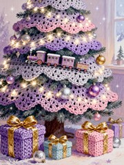 Christmas tree with a toy train, decorated with knitted ornaments and yarn gifts below