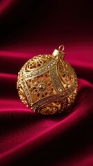 Opulent sparkling golden Christmas ornament ball intricate filigree design resting on elegant red velvet holiday decoration