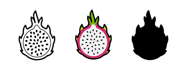 Dragon Fruit Slices: Colorful Line Art and Black Silhouette Icons on White Background