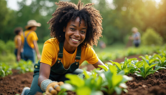 Happy young black woman gardening outdoors. She cultivates plants with smile. Other people work in the background at sunny day. Woman takes care of seedlings. Gardening team works in summer. - Powered by Adobe