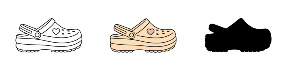 Comfortable Clog Style Shoes Displaying Line Art, Solid Color, and Shadow Variations