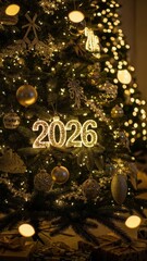 Festive Christmas tree with glowing golden ornaments and lights featuring the bright year 2026 celebration