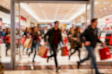 blur image of Hordes of shoppers crowded the flagship store anxiously to shop on the day after Thanksgiving, Black Friday.