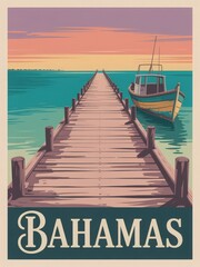 Fototapeta premium A vibrant sunset paints the sky in shades of orange and purple above a long wooden dock. A small fishing boat rests peacefully at the side, surrounded by calm turquoise waters.