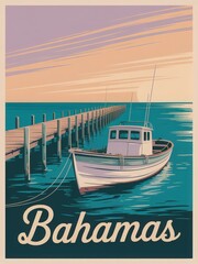 Fototapeta premium A small boat is moored near a wooden dock in the Bahamas during a serene sunset. The sky shows warm colors, while the water reflects the tranquility of the scene.