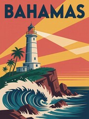 A tall lighthouse stands on a rocky cliff in the Bahamas, casting light over the ocean waves. Palm trees frame the scene, enhancing the tropical atmosphere during sunset.