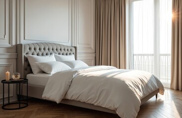 Comfortable bed with plush pillows and smooth sheets in neutral tone bedroom. Soft duvet covers mattress. Sunlight streams through sheer curtains and large windows, creating peaceful atmosphere.