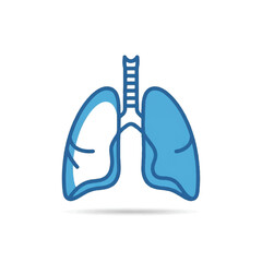Blue medical illustration of human lungs showing internal airways and trachea in a stylized graphic.