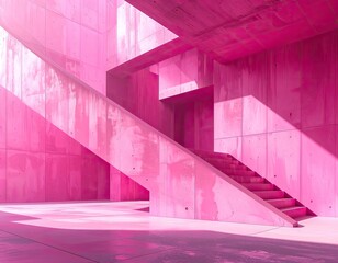 Fototapeta premium Pink concrete architecture with stairs, strong shadows, and geometric shapes