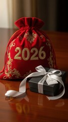 Red velvet drawstring bag featuring golden 2026 numbers and elegant black gift box for festive celebration