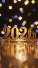 Golden numbers 2026 on reflective surface with sparkling glitter and festive bokeh lights for new year