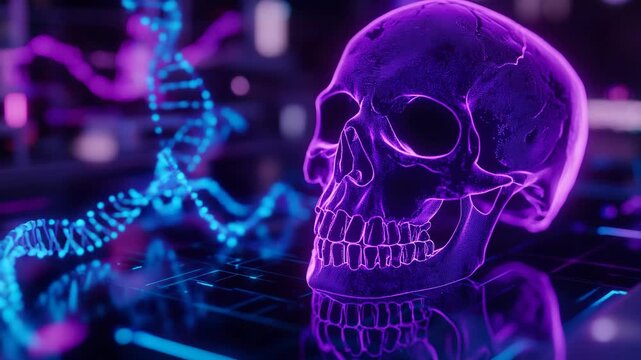 A vivid purple human skull with detailed glowing textures represents digital science and human anatomy, blending neon light, medical research technology concepts in a high-tech futuristic environment